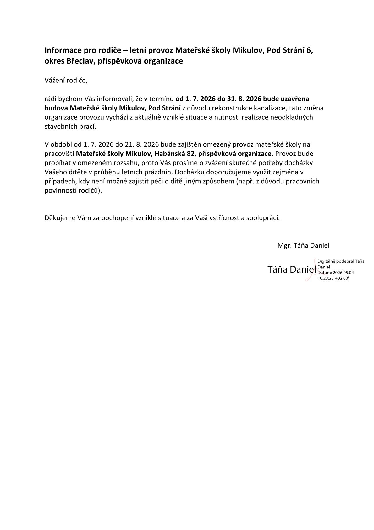 Informace pro rodice II